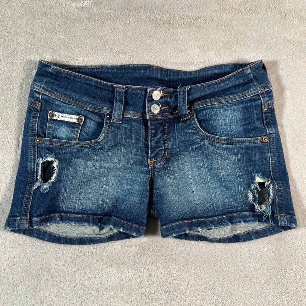 Armani Exchange Denim Shorts Womens Size 8 Dark Wash Low Rise Distressed Cutoffs